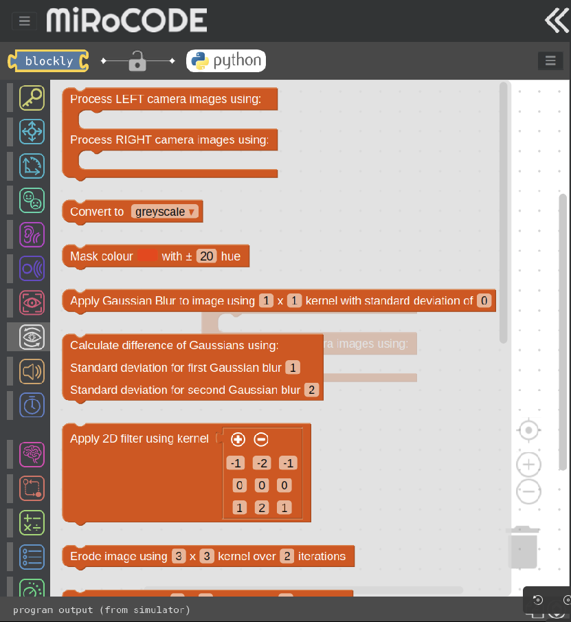 MiRoCode Blockly workspace with OpenCV image-processing blocks